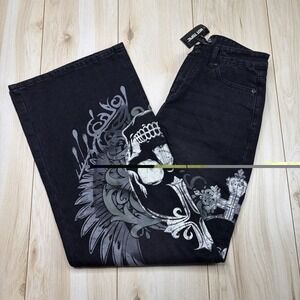 Social Collision Womens Jeans 28x32 Black Denim Cotton Wide Leg Gothic Grunge